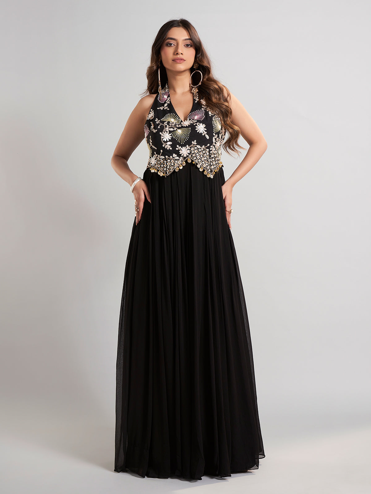 Black silk floor length suit in soft georgette