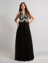 Black silk floor length suit in soft georgette