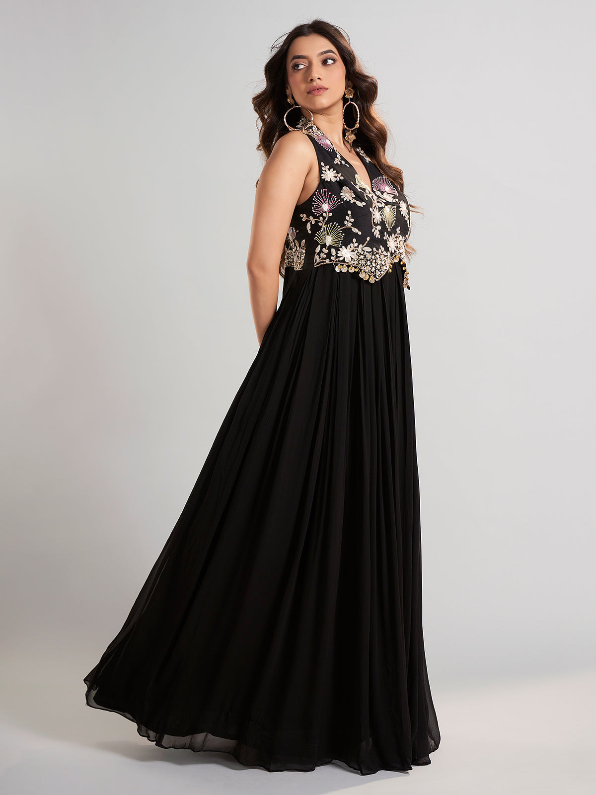 Black silk floor length suit in soft georgette