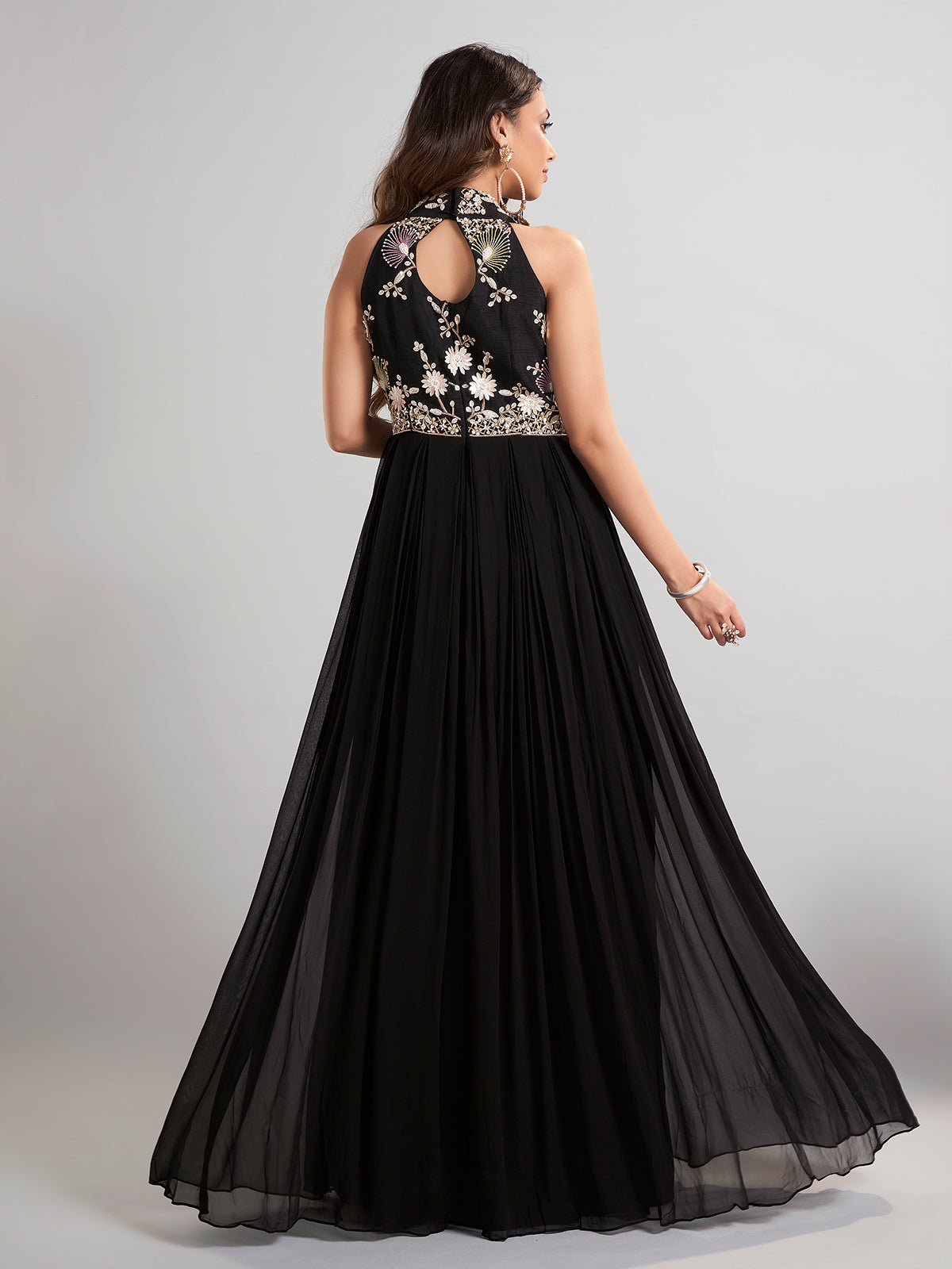 Black silk floor length suit in soft georgette