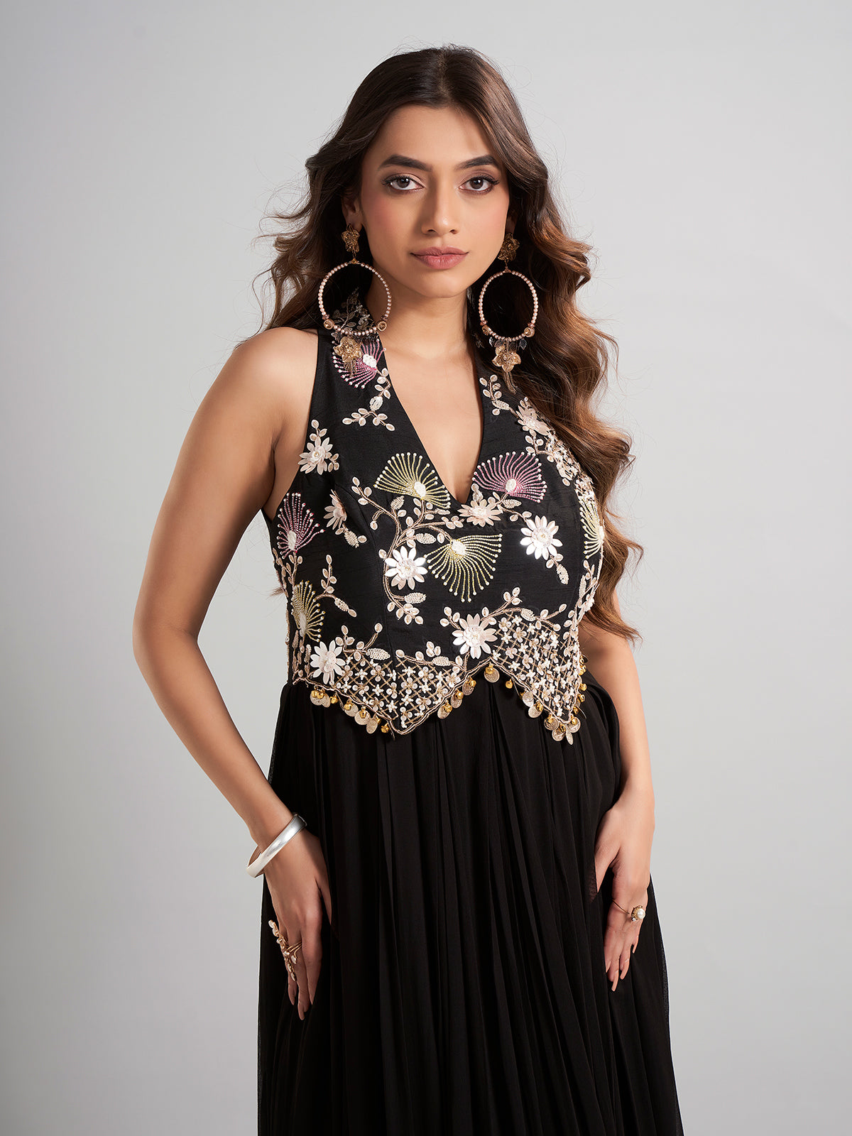 Black silk floor length suit in soft georgette