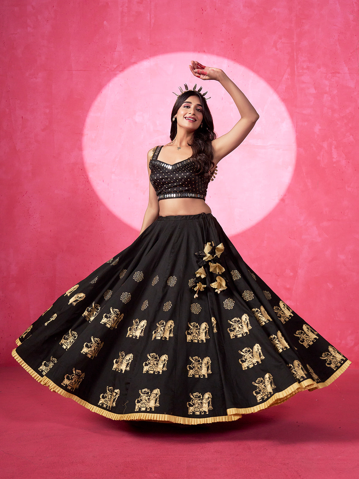 Black silk navratri lehenga choli with print