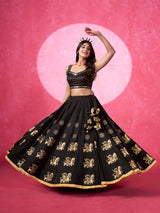 Black silk navratri lehenga choli with print