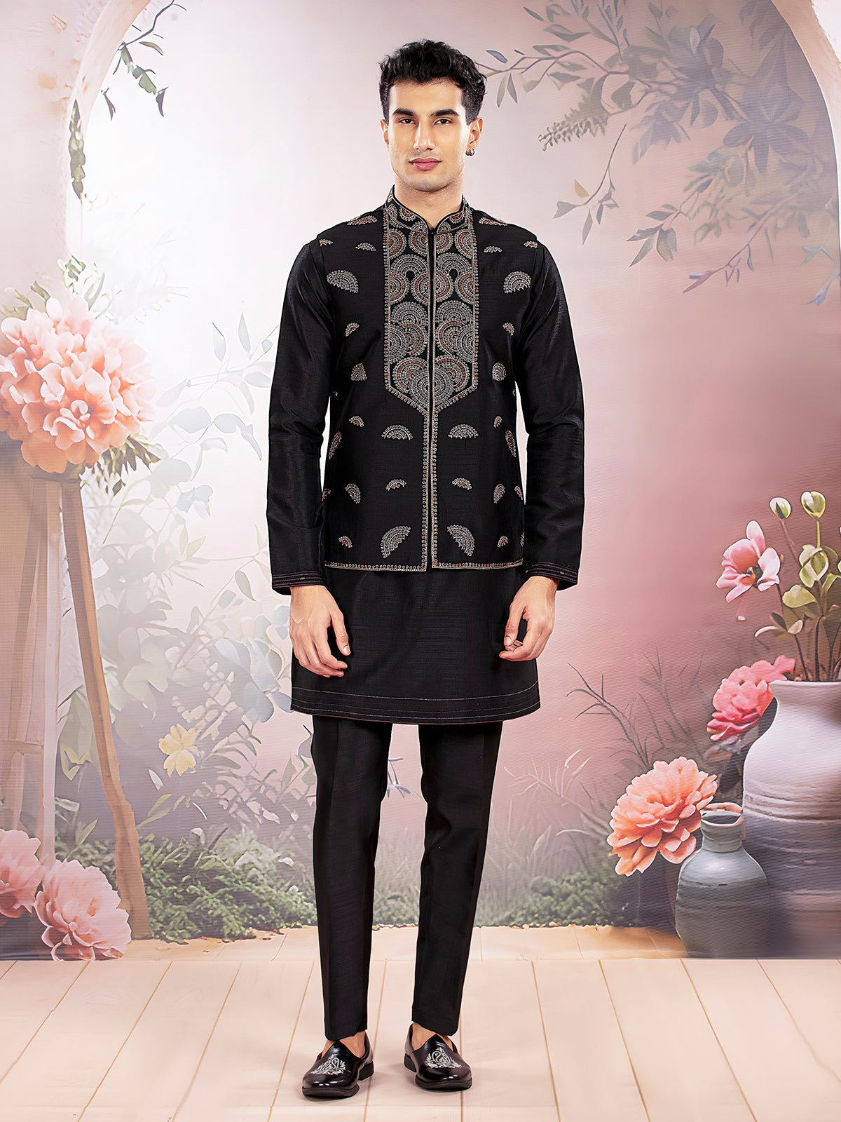 Black silk waistcoat set for reception wear