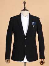 Black solid blazer in terry rayon