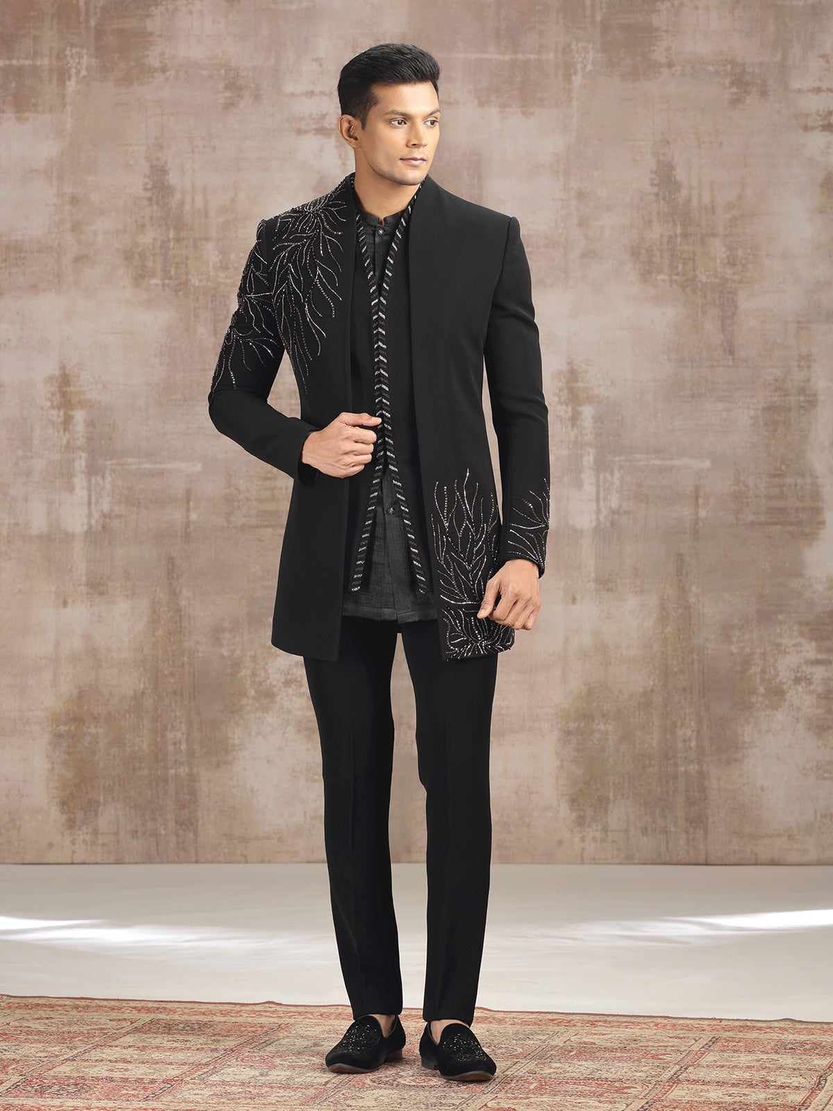 Black terry rayon indo western with beads and stone work