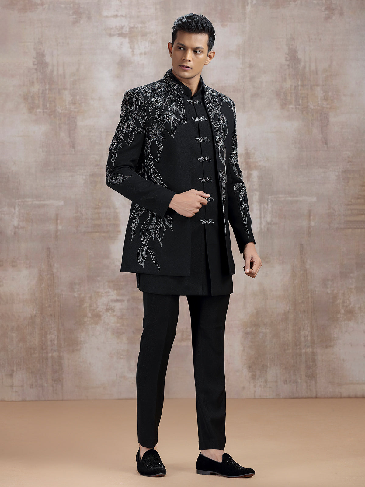 Black terry rayon indo western with cutdana work