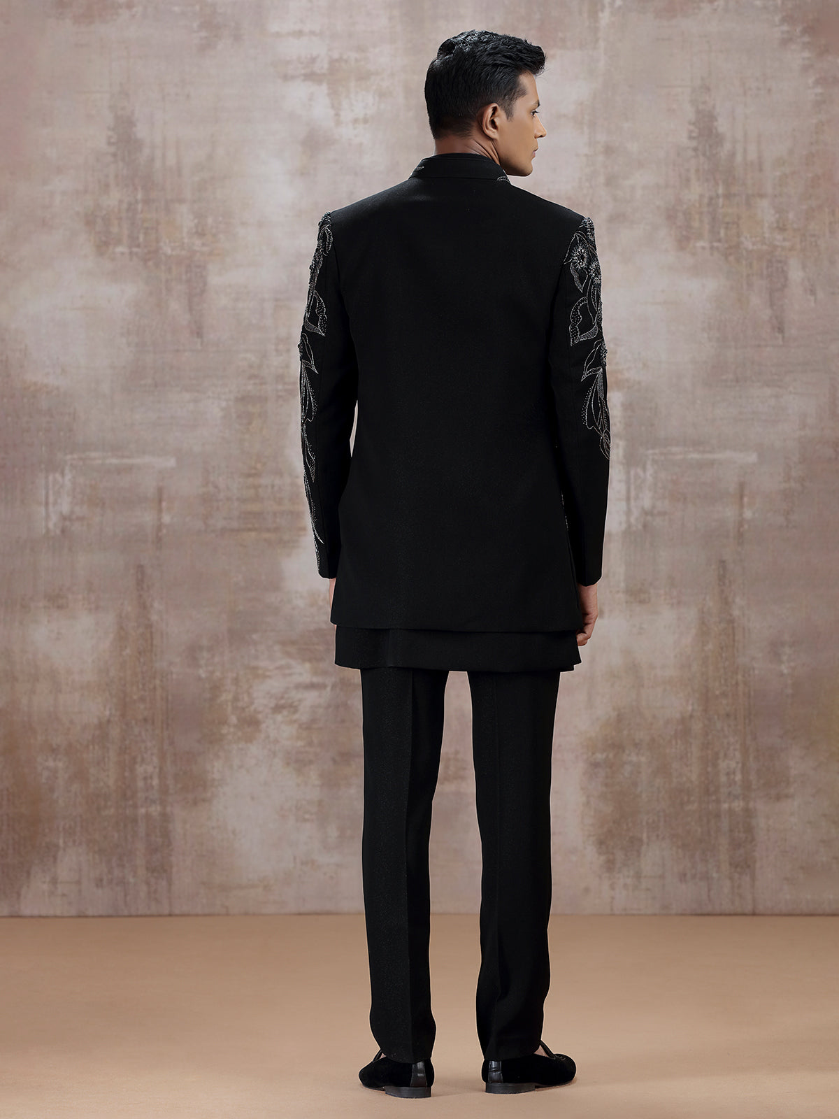 Black terry rayon indo western with cutdana work