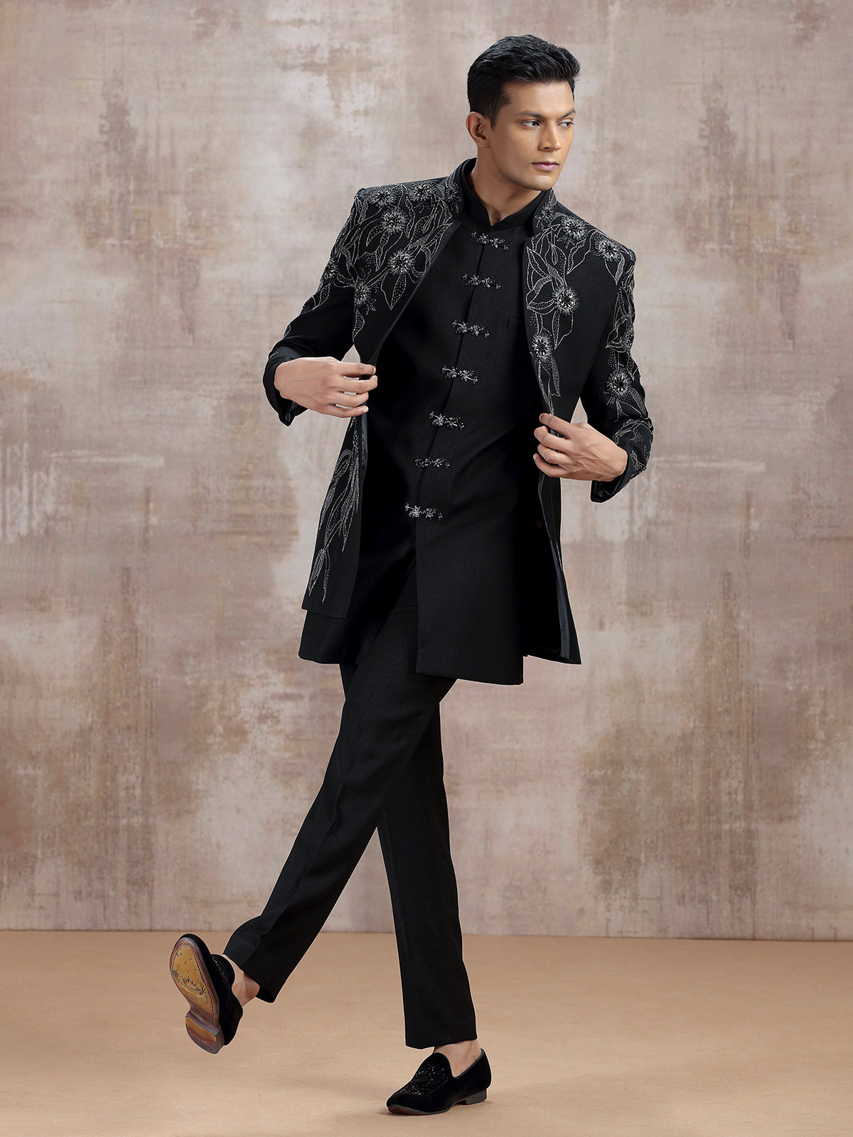 Black terry rayon indo western with cutdana work