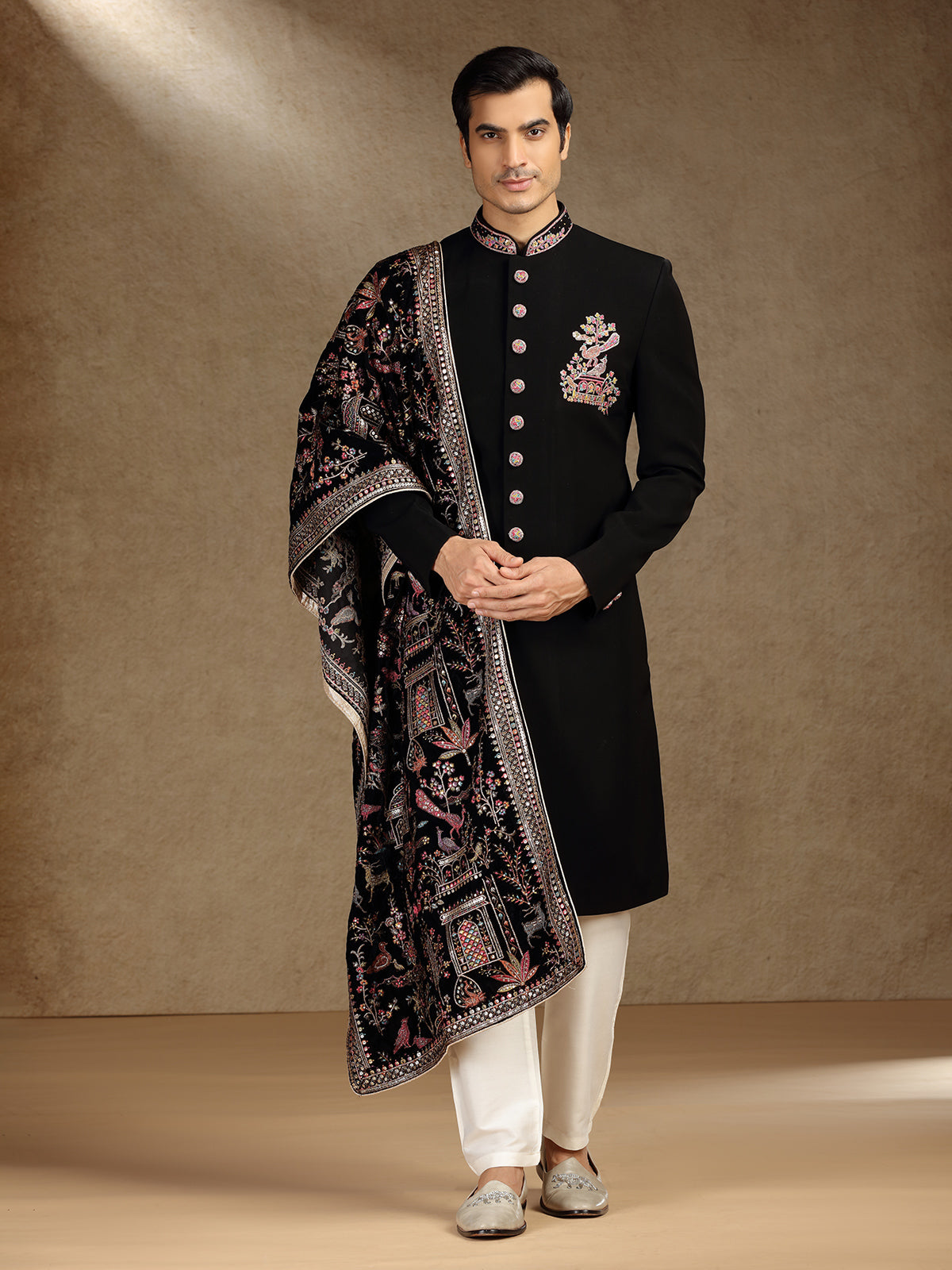 Black terry rayon indo western with dupatta for mens reception wear