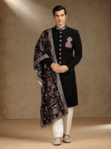 Black terry rayon indo western with dupatta for mens reception wear