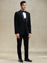 Black terry rayon tuxedo suit in crystal work