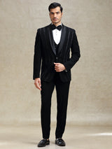 Black terry rayon tuxedo suit in crystal work