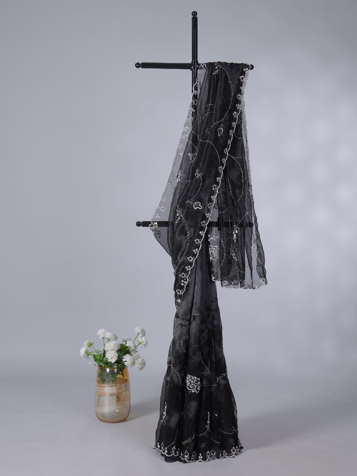 Black tissue silk saree with sequins and bead work
