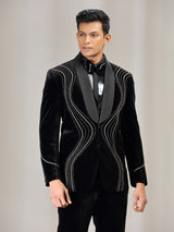Black velvet coat suit with bead and diamond embellishment