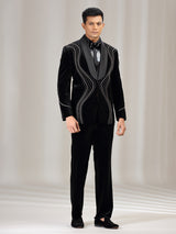 Black velvet coat suit with bead and diamond embellishment