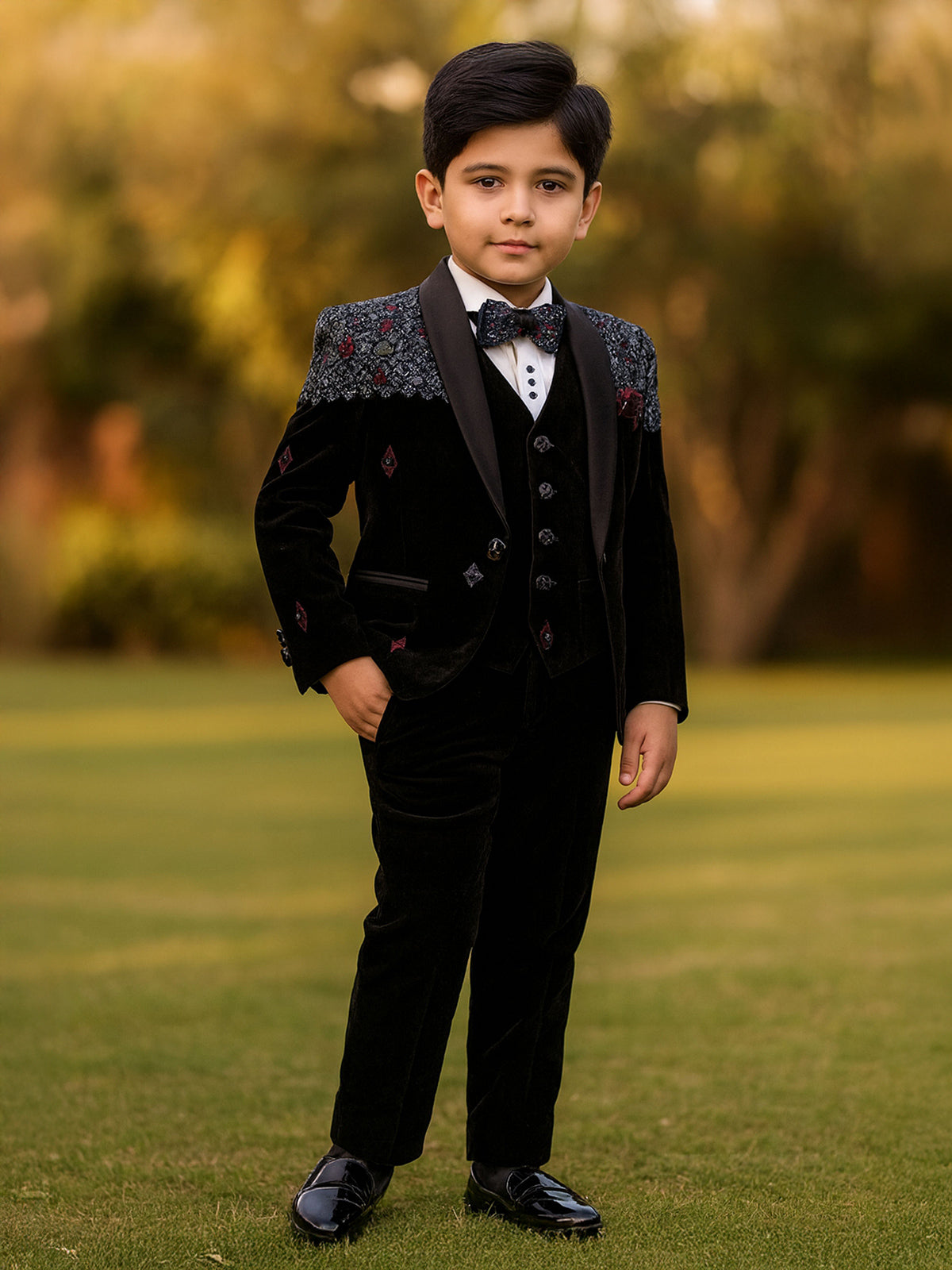 Black wedding wear coat suit in soft velvet