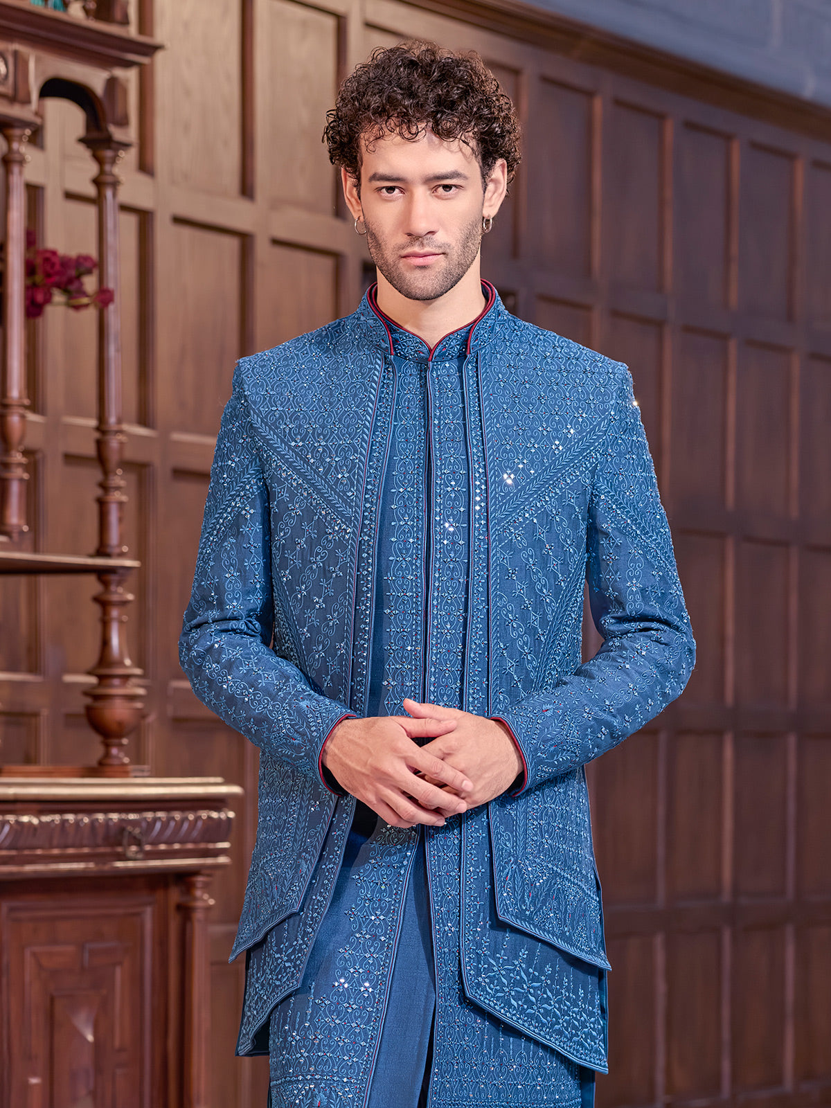 Blue art silk embroidered aabla work indo western jacket – G3+Fashion