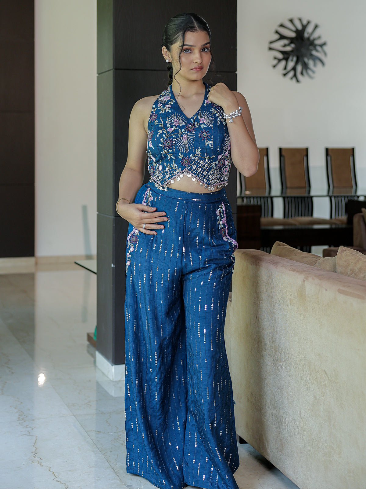 Blue cotton silk designer palazzo suit with sequins
