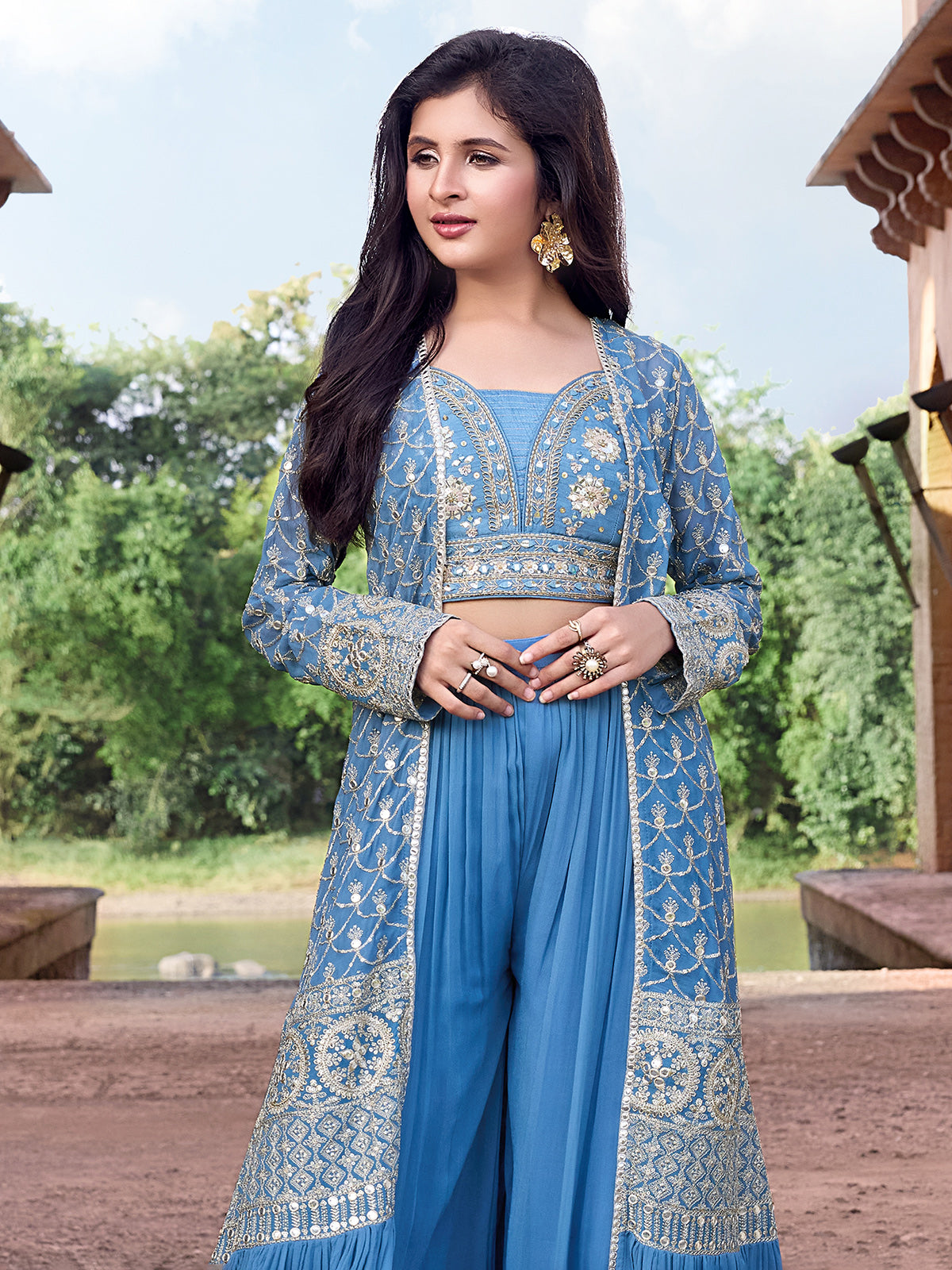 Blue georgette long jacket style zardosi palazzo suit