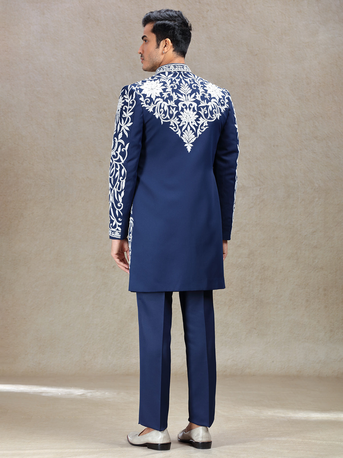 Blue long jacket style indo-western in rich work