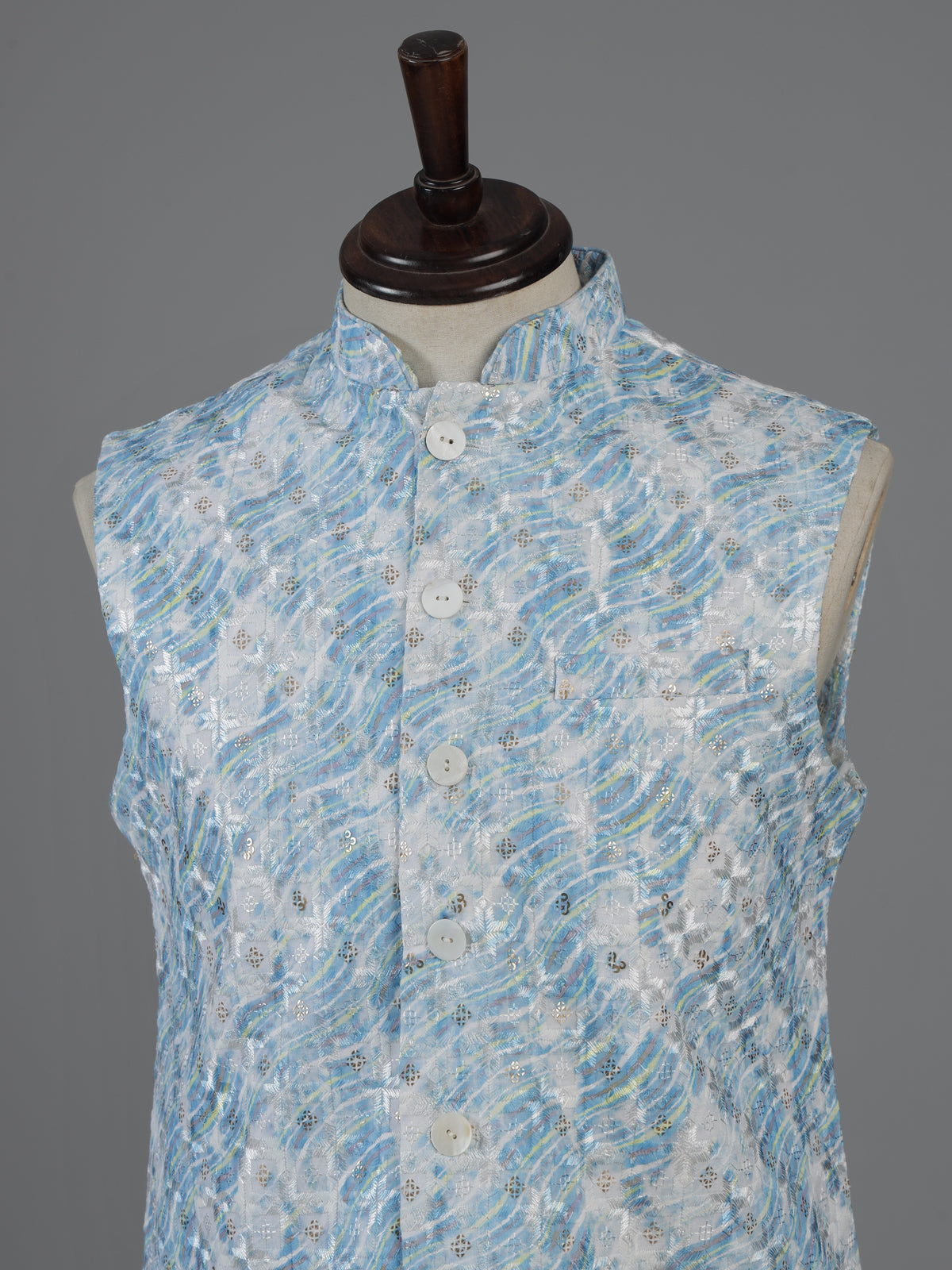 Blue printed cotton silk waistcoat for men