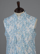 Blue printed cotton silk waistcoat for men
