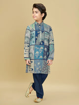 Blue printed festive wear kurta suit with resham shine