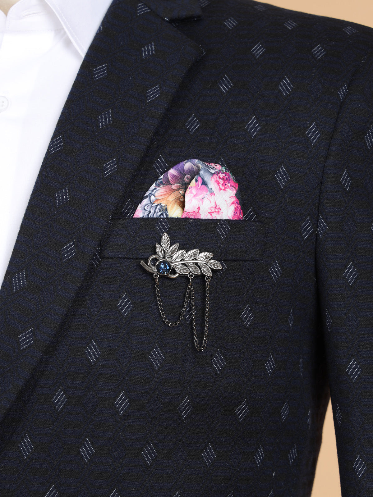 Blue printed terry rayon blazer for men