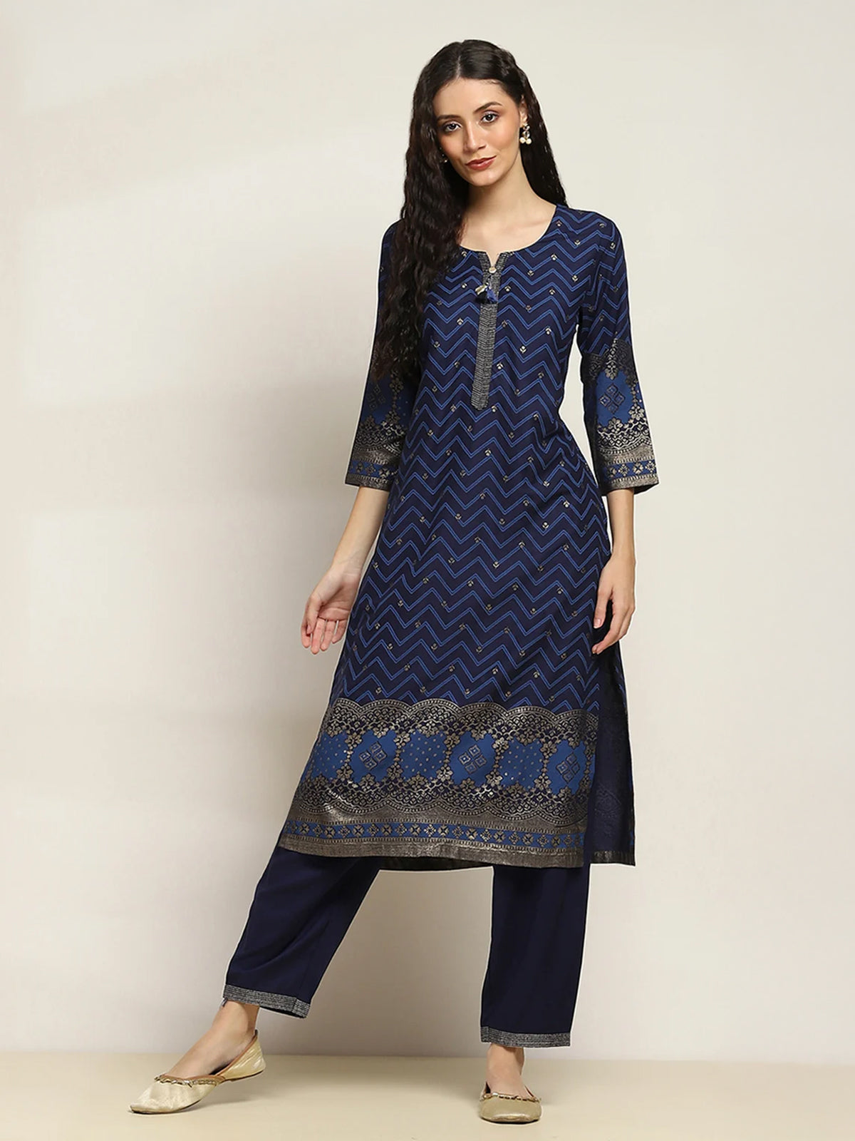 Blue printed viscose rayon kurti set for festive wear