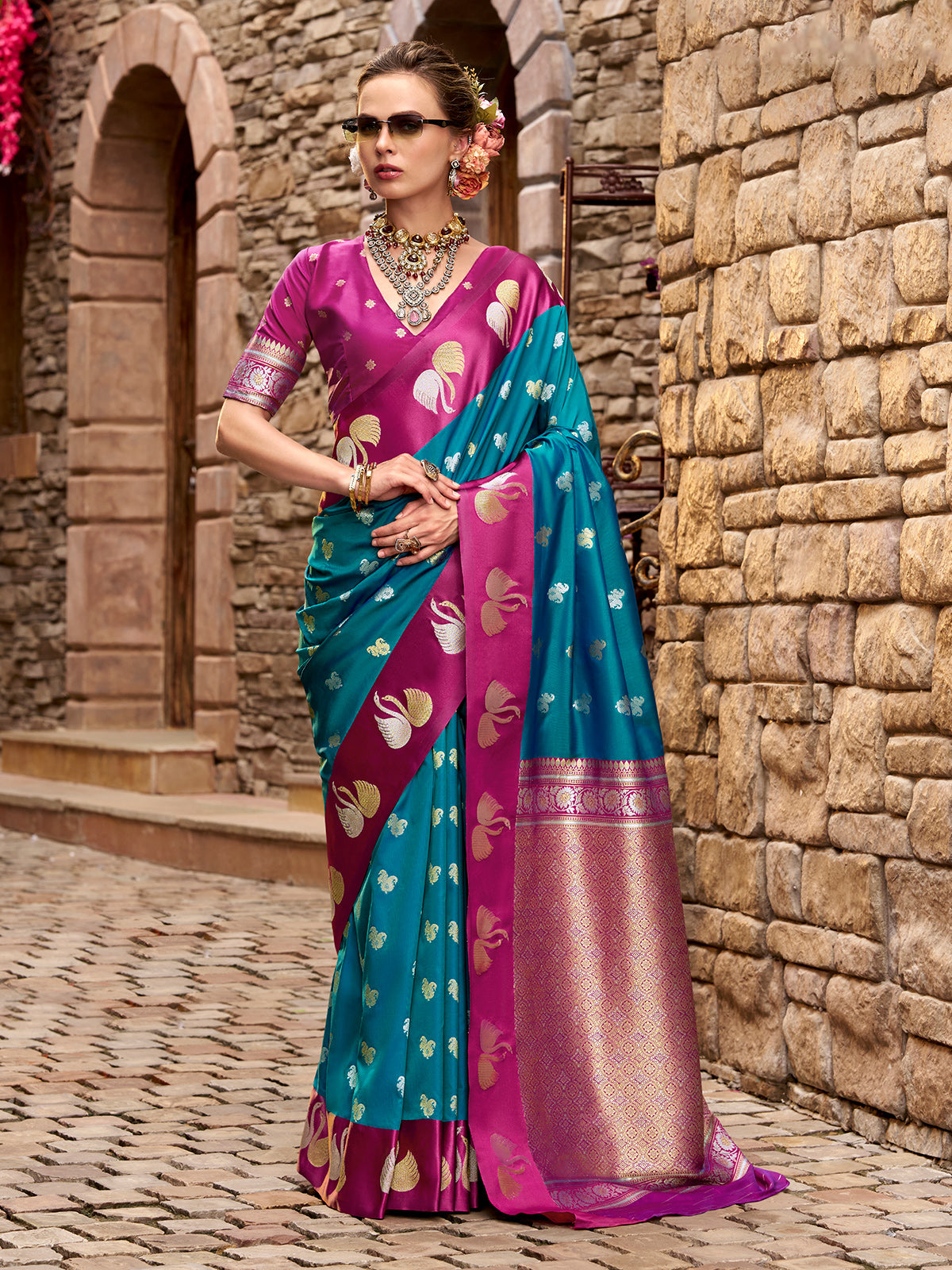 Blue satin silk classic zari ensemble