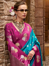 Blue satin silk saree with rich zari