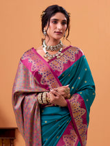 Blue satin silk saree with zari motifs