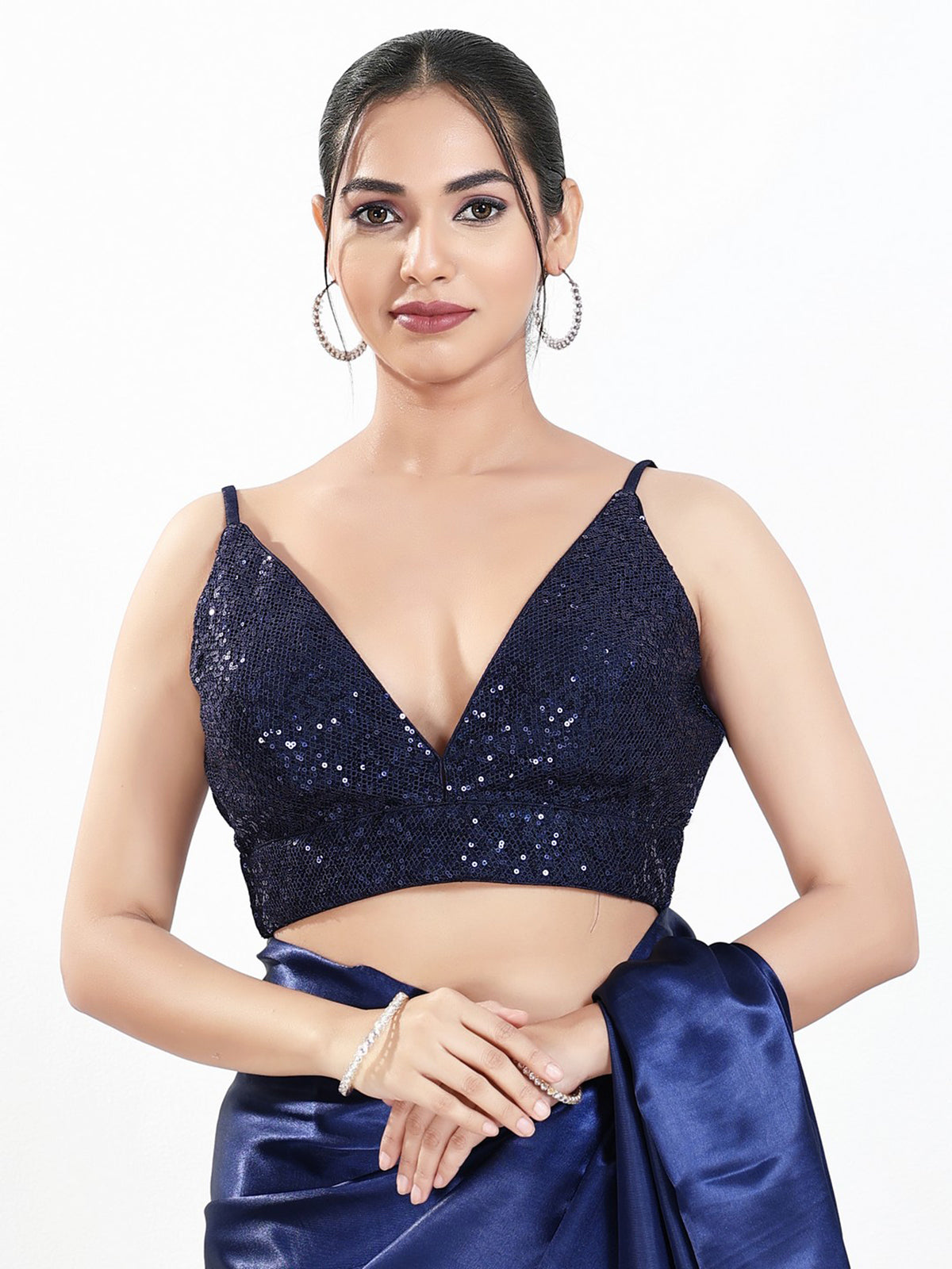 Blue sequin v neck sleeveless party wear blouse