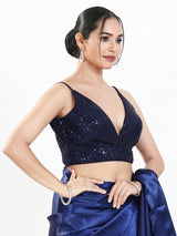 Blue sequin v neck sleeveless party wear blouse