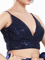Blue sequin v neck sleeveless party wear blouse