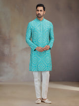 Blue silk kurta suit for men with print