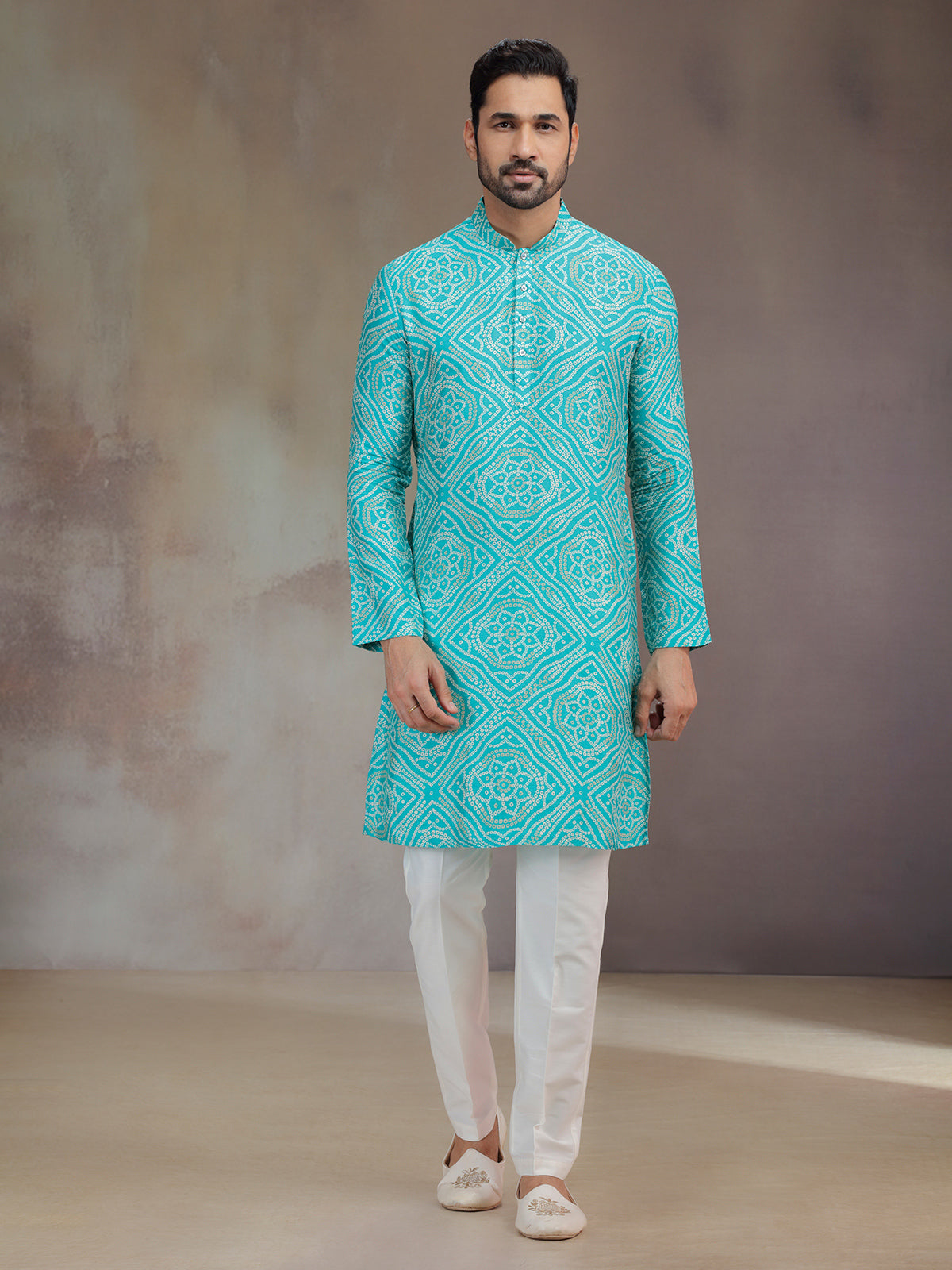 Blue silk kurta suit for men with print