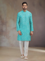 Blue silk kurta suit for men with print