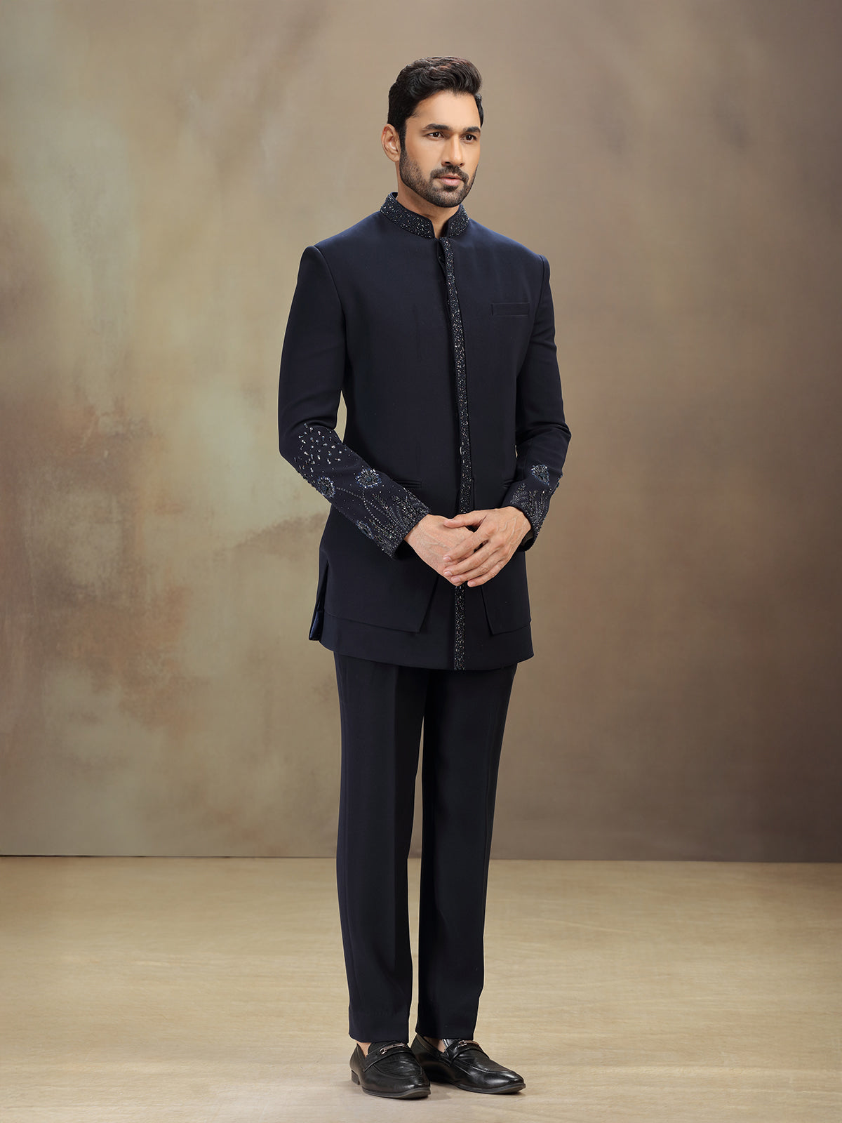 Blue terry rayon indowestern set with cutdana work