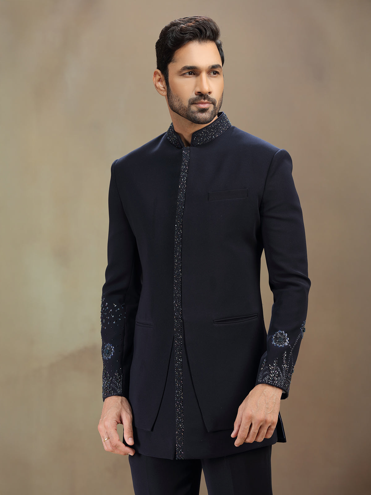 Blue terry rayon indowestern set with cutdana work