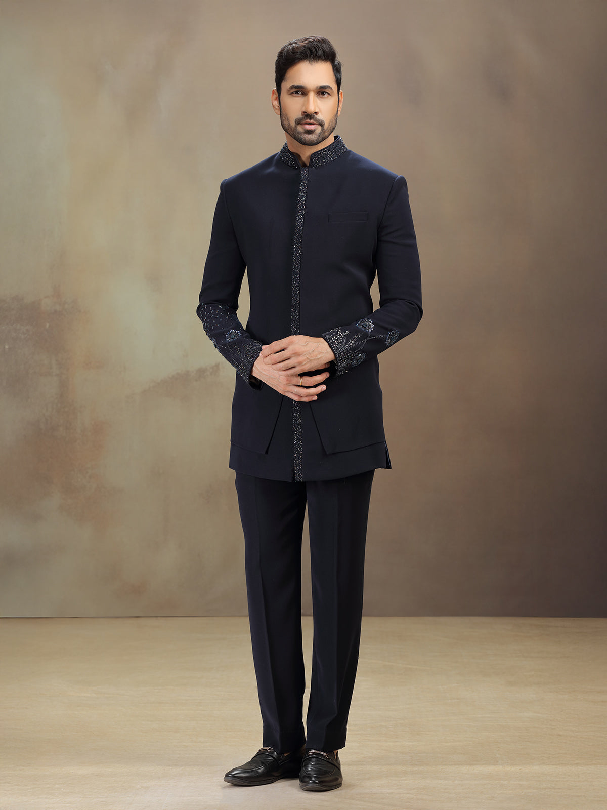 Blue terry rayon indowestern set with cutdana work