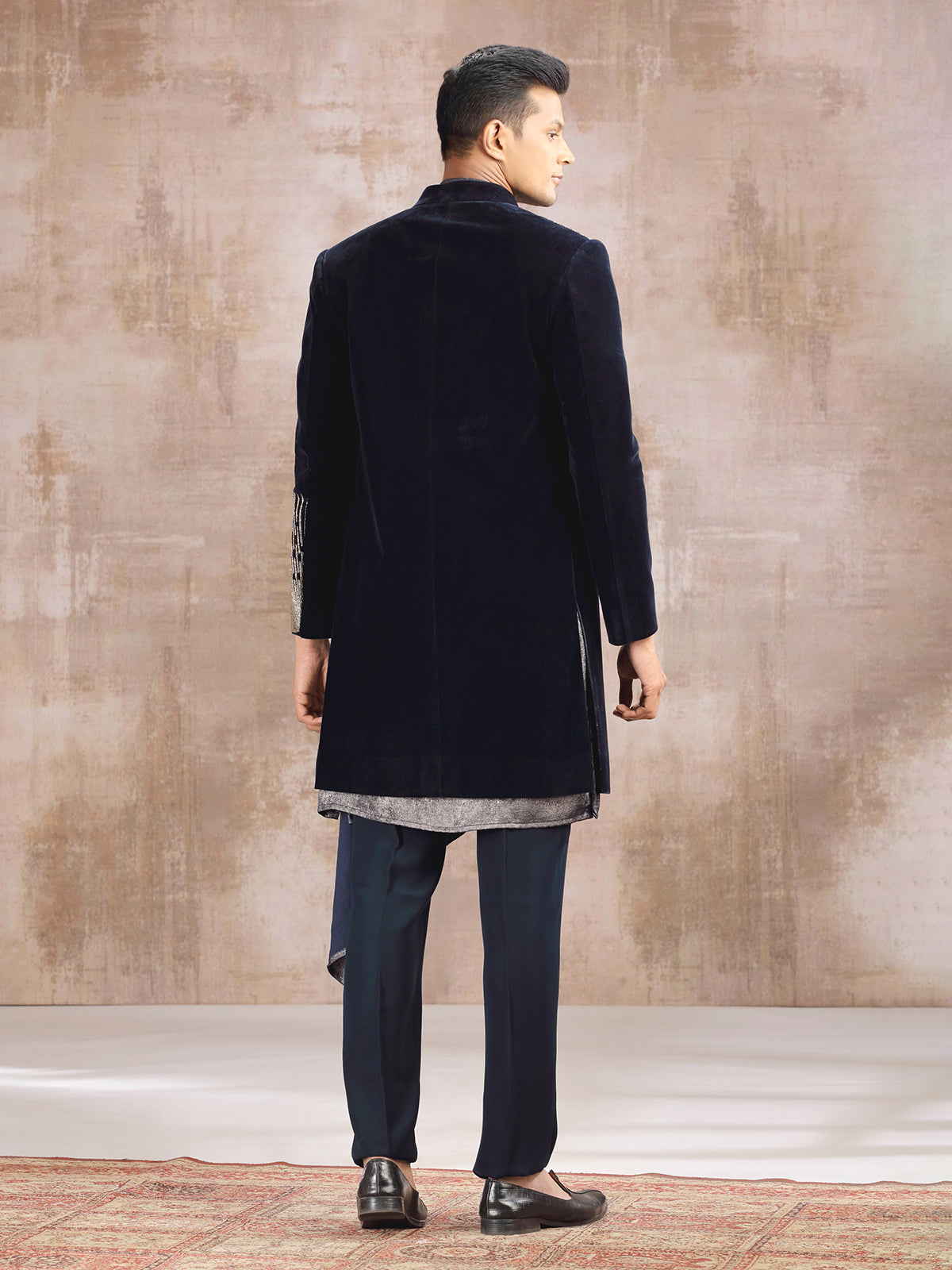 Blue velvet indo western with cutdana embellishment