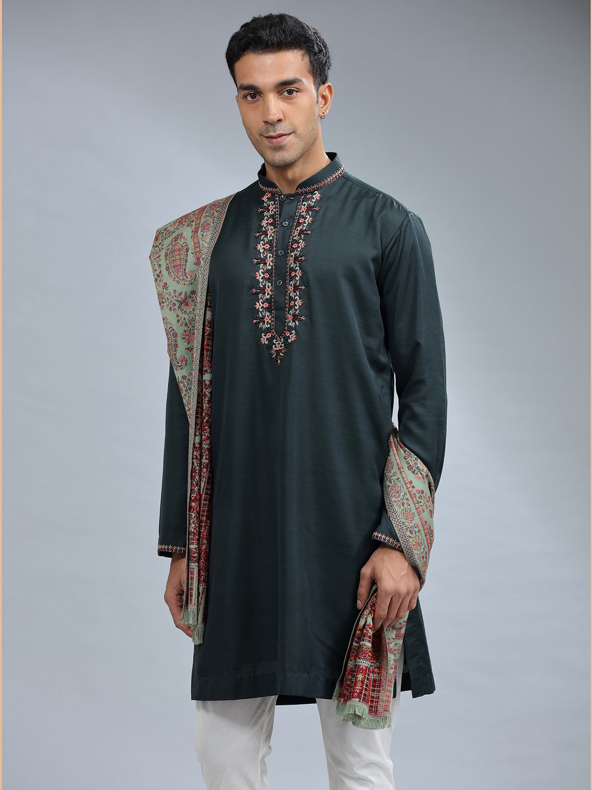 Bottle green cotton silk kurta pajama