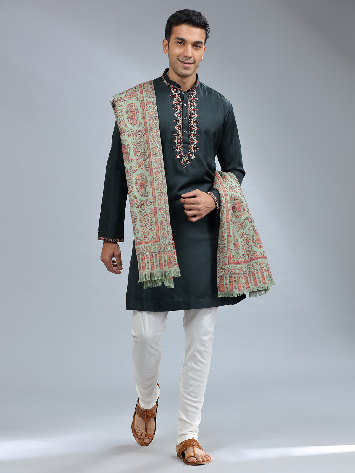 Bottle green cotton silk kurta pajama