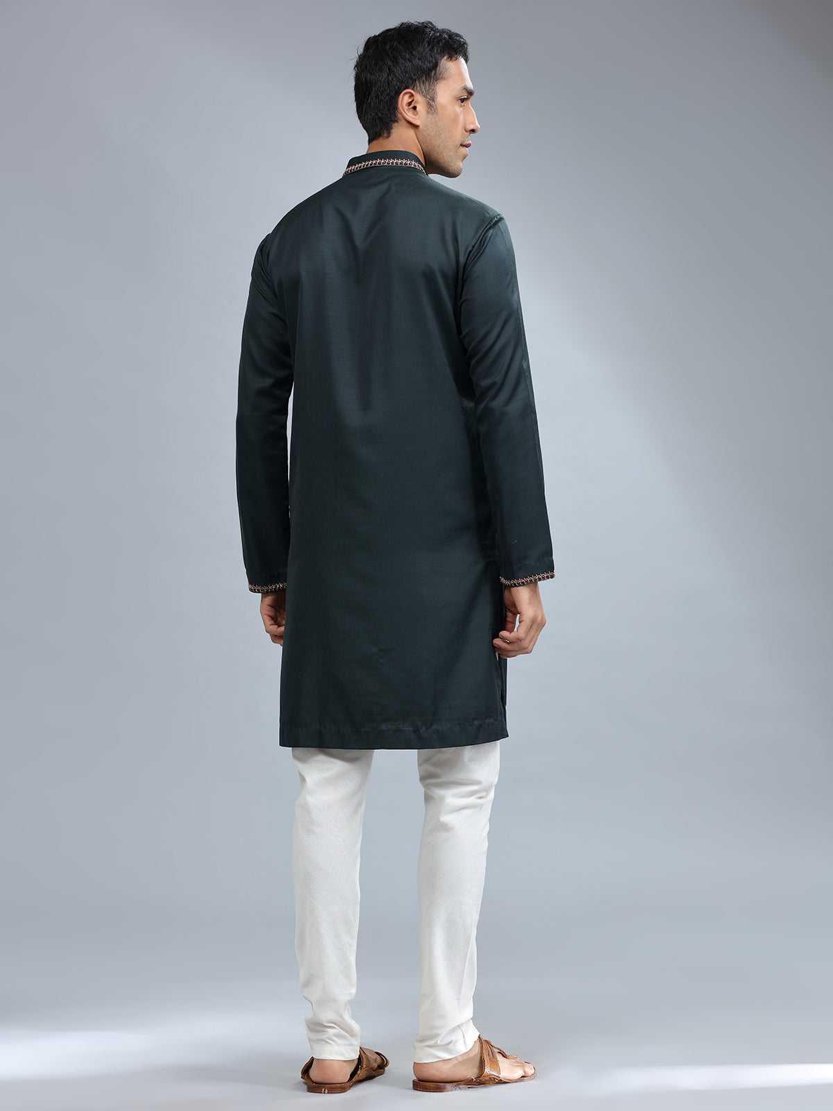 Bottle green cotton silk kurta pajama