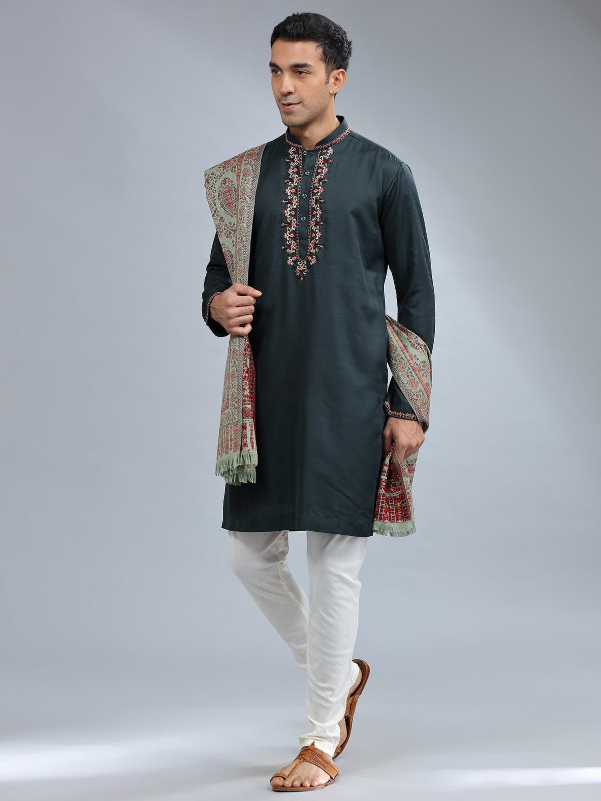 Bottle green cotton silk kurta pajama