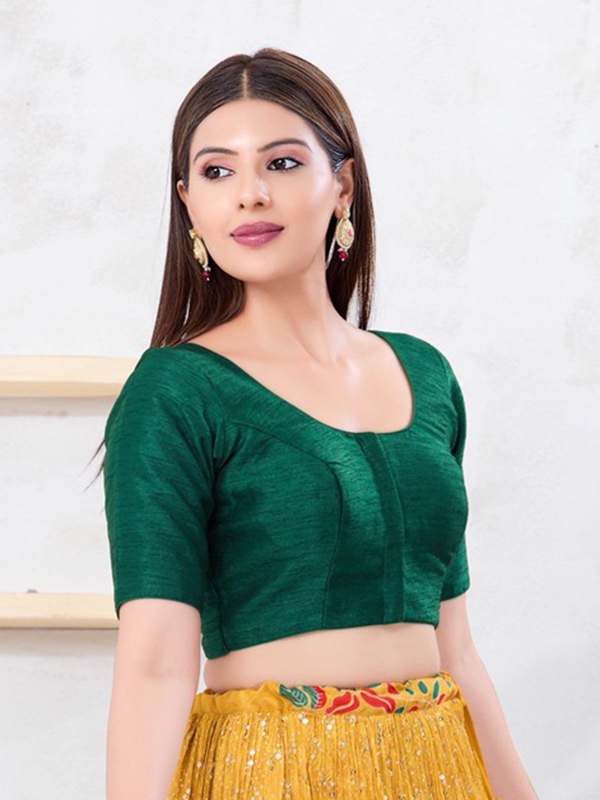 Bottle green dupion silk front open stylish blouse