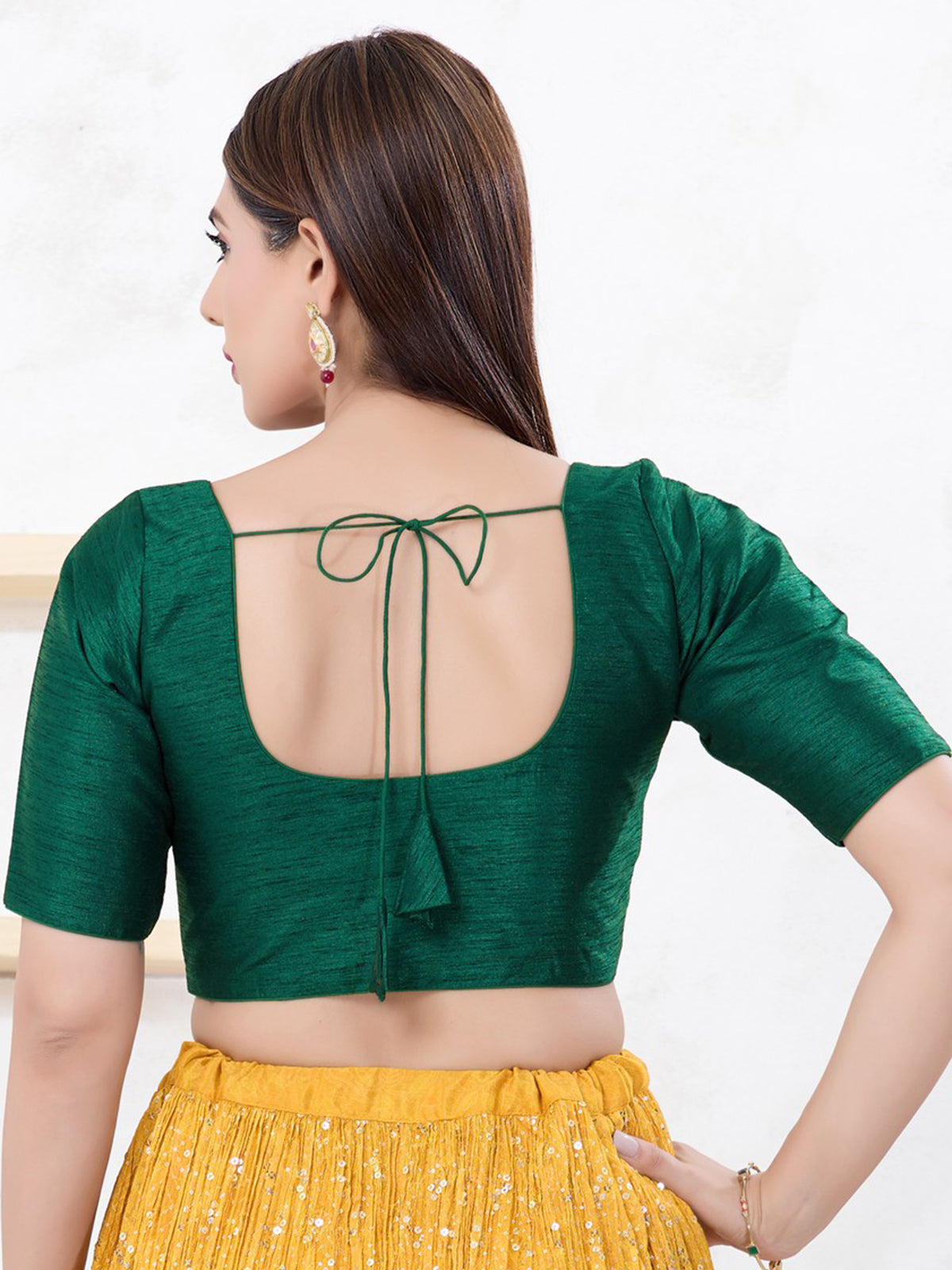 Bottle green dupion silk front open stylish blouse