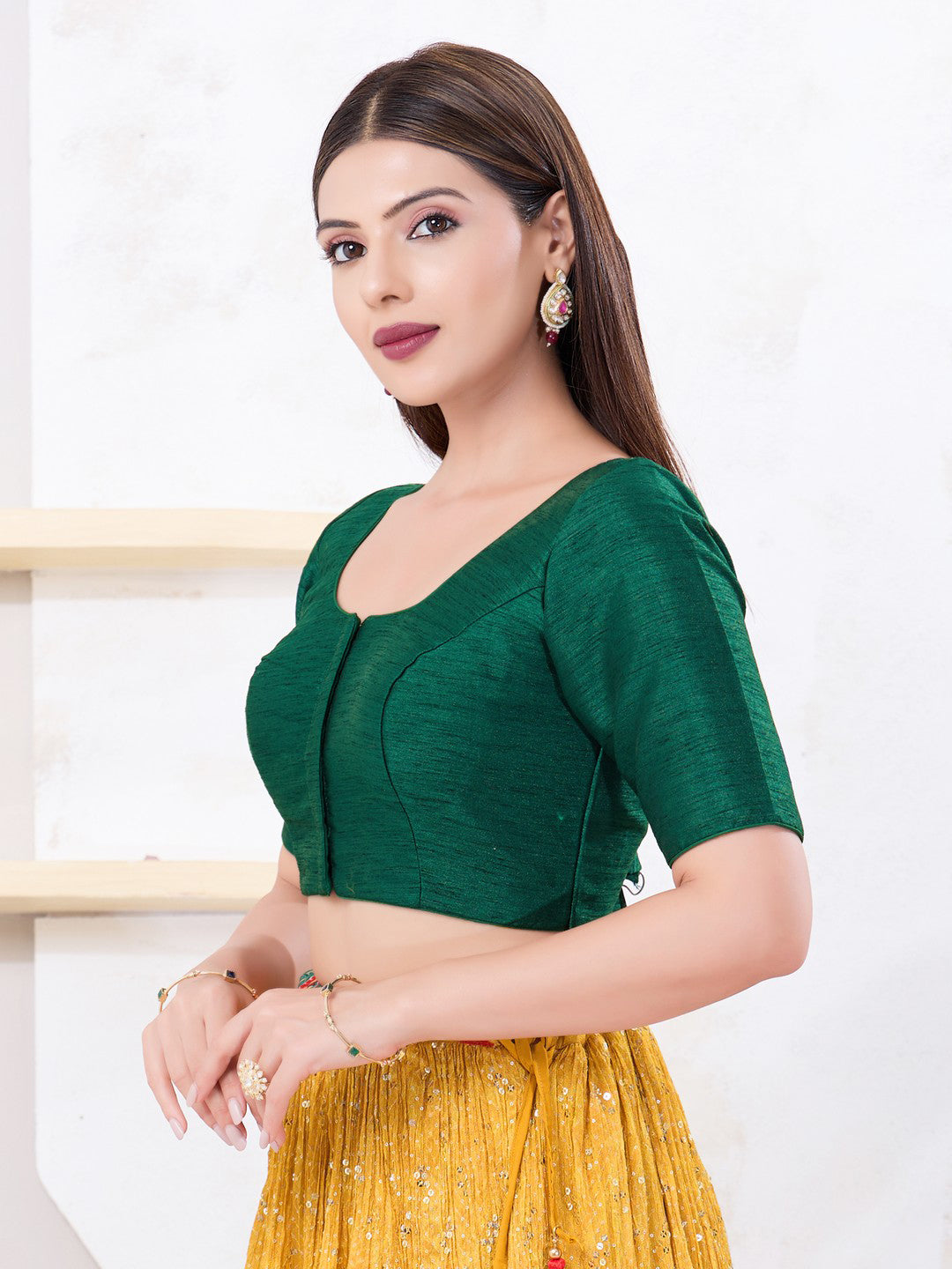 Bottle green dupion silk front open stylish blouse